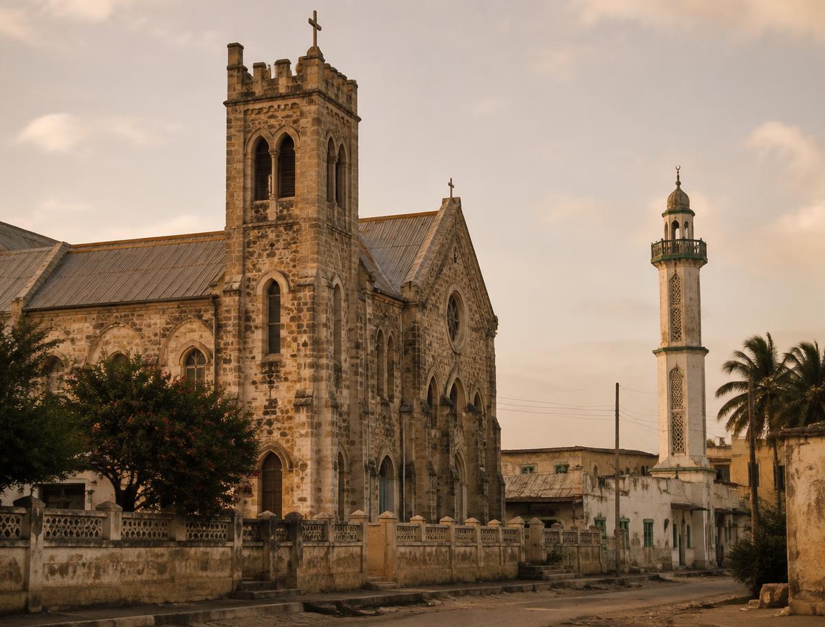 A stone church and a nearby minaret on a street in a Horn of Africa coastal town